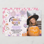 フォトパープルレトログール集団ハロウィーン誕生日 招待状 (正面/裏面)