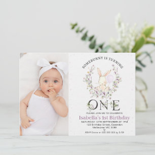 フォトパープルワイルドフラワーSome Bunny 1st Birthday 招待状