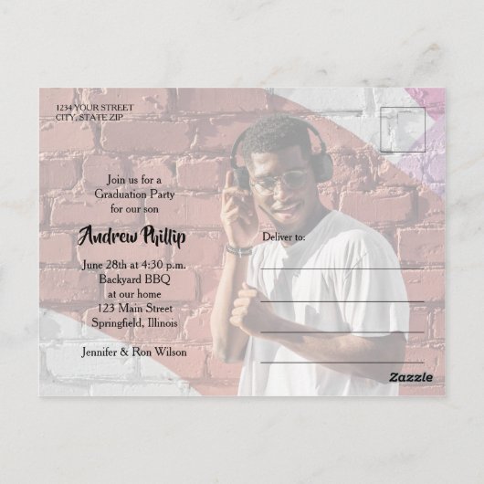 フォトパープル数々の卒業式パーティー招待状 ポストカード (裏面)