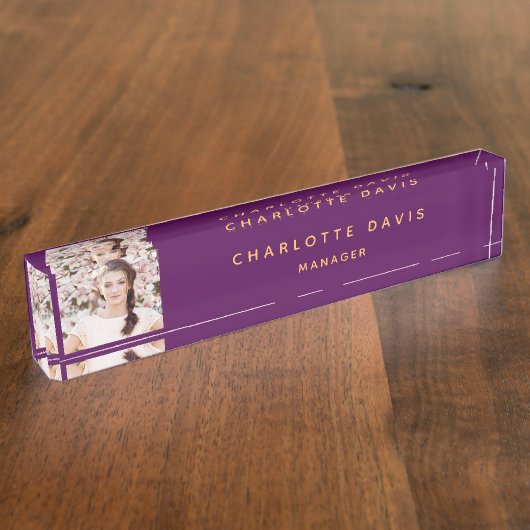 フォトパープル金ゴールドモノグラムミニマル主義者 デスクネームプレート (側面)