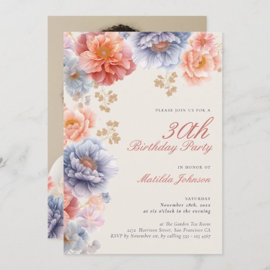 フォトピエレガントンクフローラ30歳の誕生日 招待状 (正面/裏面)