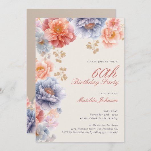 フォトピエレガントンクフローラ60誕生日 招待状 (正面/裏面)