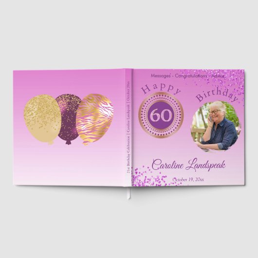 フォトピパーソナライズされたンクグリッター、60誕生日 ゲストブック (全面)