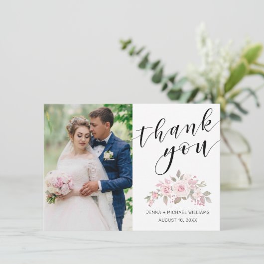 フォトピモダンックピンクのローズフローラブラックスクリプ結婚ト サンキューカード (スタンド正面)