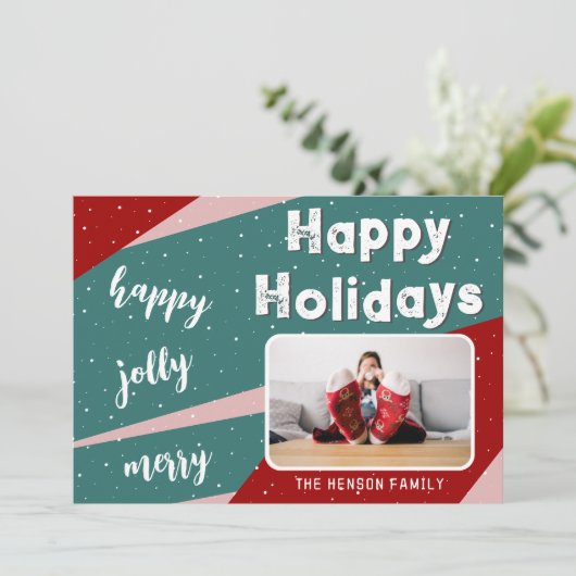フォトピモダンックピンク緑オレンジ色のストライプクリスマス シーズンカード (スタンド正面)