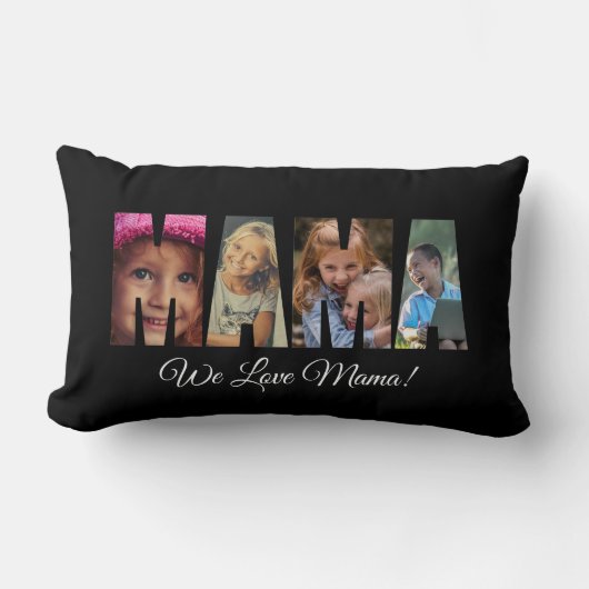 フォトピローMAMA追加写真名文字オン黒 ランバークッション (正面)
