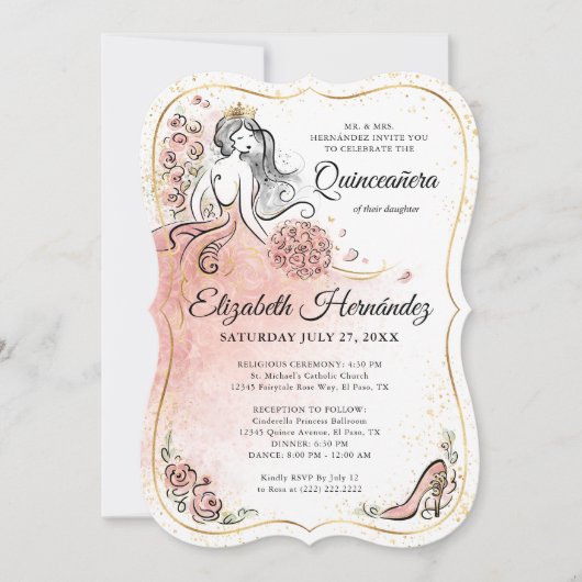 フォトピンクと金ゴールドプリンセスキンセアニェラ誕生日 招待状 (正面)