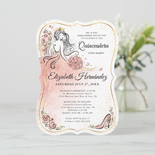 フォトピンクと金ゴールドプリンセスキンセアニェラ誕生日 招待状 (スタンド正面)