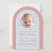 フォトピンクのアーチ1st誕生日かわいい恋人 招待状 (正面)