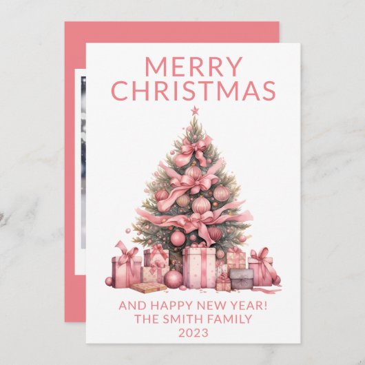 フォトピンクのクリスマスツリーホリデーカード 招待状 (正面/裏面)