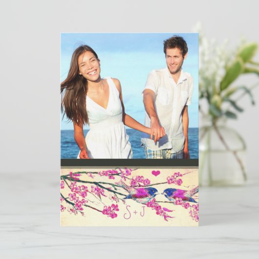 フォトピンクのネイビーラブバードさくらんぼ結婚の花 招待状 (スタンド正面)