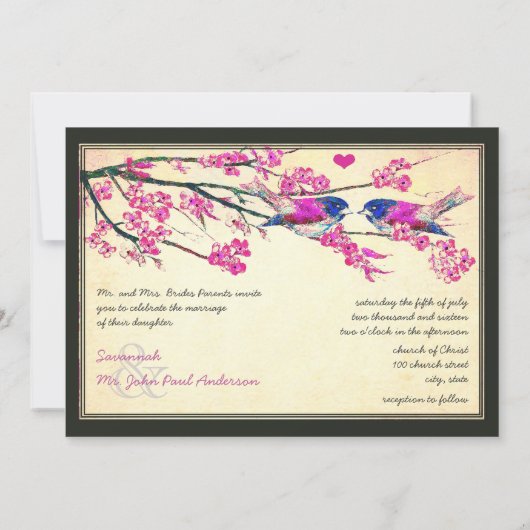 フォトピンクのネイビーラブバードさくらんぼ結婚の花 招待状 (裏面)