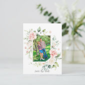 フォトピンクのバラEucalyptus Greenery日付を保存 ポストカード (スタンド正面)