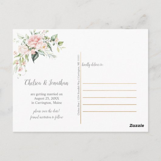 フォトピンクのバラEucalyptus Greenery日付を保存 ポストカード (裏面)