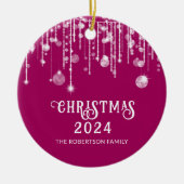 フォトピンクの文字列ライトクリスマスパーティー セラミックオーナメント (正面)