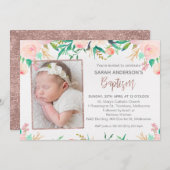 フォトピンクの金ゴールドフローラバプテスマ招待 招待状 (正面/裏面)