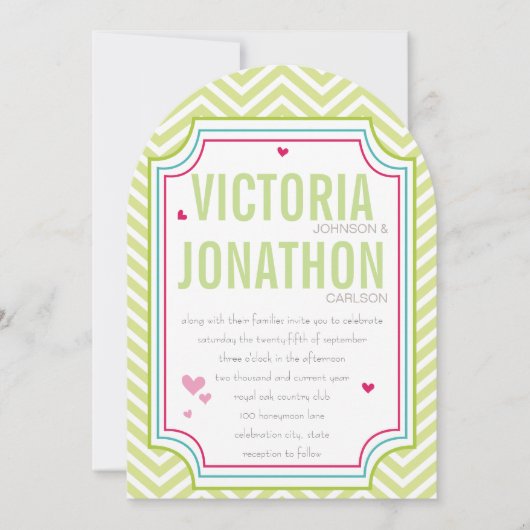 フォトピンクアクアライムジグザグタイポグラフィ結婚ズ 招待状 (正面)