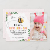 フォトピンクイエロービーFirst Bee-Day 1 Birthday 招待状 (正面/裏面)