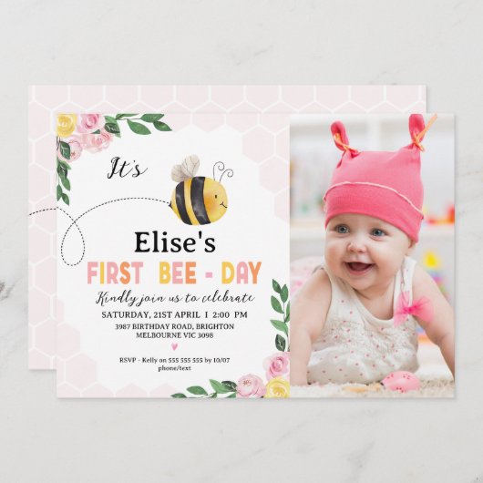 フォトピンクイエロービーFirst Bee-Day 1 Birthday 招待状 (正面/裏面)