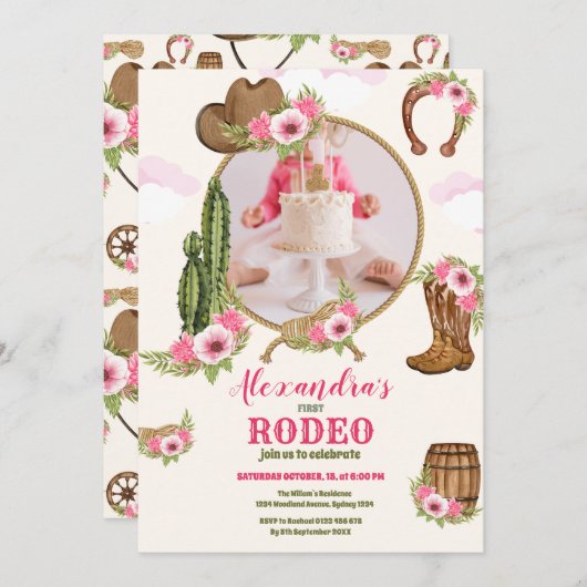 フォトピンクウェスタンファースト誕生日ロデオベビーガール 招待状 (正面/裏面)