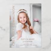 フォトピンクガールファースト聖餐式バラ金ゴールド 箔招待状 (正面)