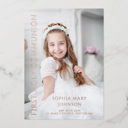 フォトピンクガールファースト聖餐式バラ金ゴールド 箔招待状 (正面)