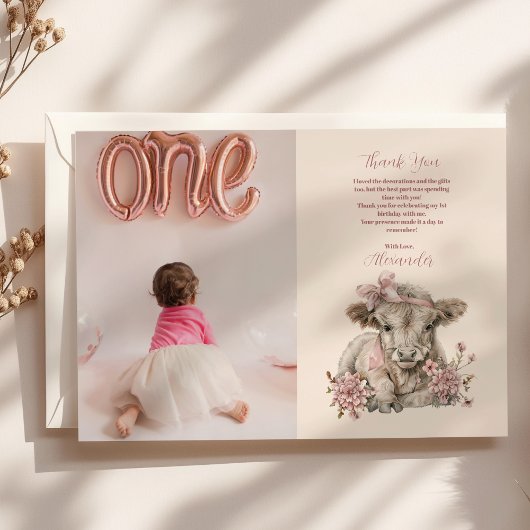 フォトピンクガールフローラハイランド牛1歳の誕生日 サンキューカード