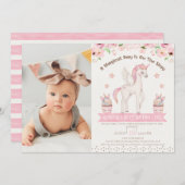 フォトピンククリームユニコーンマジカルデー1st誕生日 招待状 (正面/裏面)