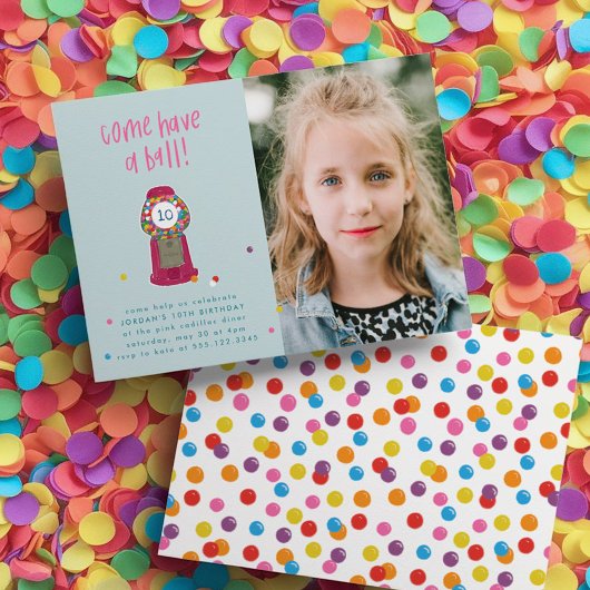 フォトピンクグムボールマシンキャンディバブルガムパーティー 招待状