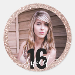 フォトピンクグリッターグラデーションスウィート16誕生日 ラウンドシール