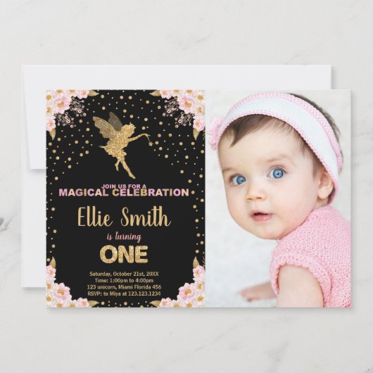 フォトピンクグリッター妖精誕生日招待状 招待状 (正面)