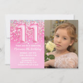 フォトピンクグリッター11誕生日 招待状 (正面)