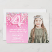 フォトピンクグリッター4歳の誕生日 招待状 (正面)