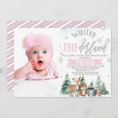 フォトピンクシルバーウッドランドOnederland 1st誕生日 招待状 (正面/裏面)