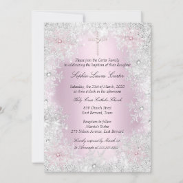 フォトピンクシルバースノーフレーク女の子バプティスクロス 招待状