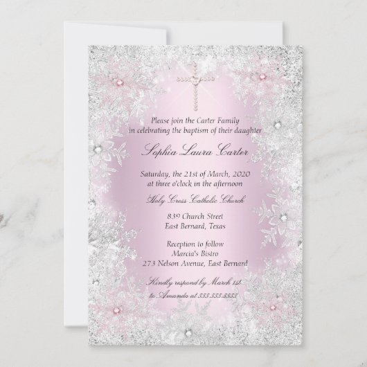 フォトピンクシルバースノーフレーク女の子バプティスクロス 招待状 (正面)