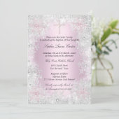 フォトピンクシルバースノーフレーク女の子バプティスクロス 招待状 (スタンド正面)