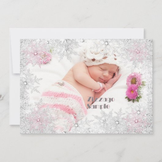 フォトピンクシルバースノーフレーク女の子バプティスクロス 招待状 (裏面)
