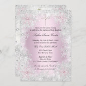 フォトピンクシルバースノーフレーク女の子バプティスクロス 招待状 (正面/裏面)