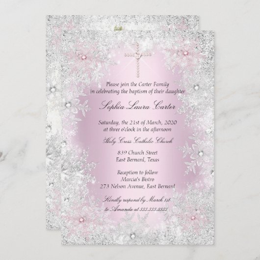 フォトピンクシルバースノーフレーク女の子バプティスクロス 招待状 (正面/裏面)