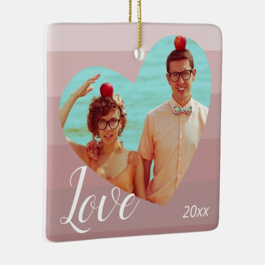 フォトピンクストライプハートバレンタインデー セラミックオーナメント (右)