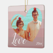 フォトピンクストライプハートバレンタインデー セラミックオーナメント (左)