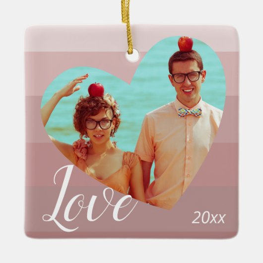 フォトピンクストライプハートバレンタインデー セラミックオーナメント (正面)
