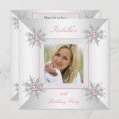 フォトピンクスノーフレークスウィンターワンダーランドパーティー 招待状 (正面/裏面)