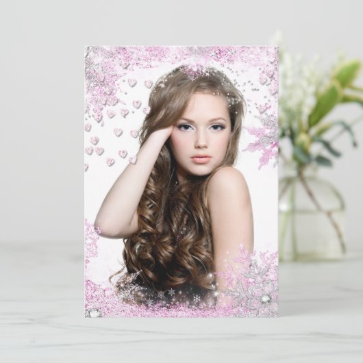 フォトピンクスパークルハート誕生日招待状 招待状 (スタンド正面)