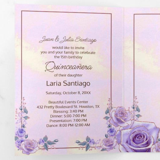 フォトピンクスペインのラベンダーバラキンセアニェラ 三つ折り招待状 (内部最初)