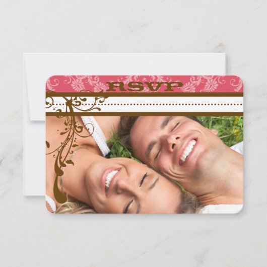 フォトピンクチョコレートブラウンシャンデリアRSVP 出欠カード (正面)