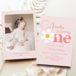 フォトピンクデイジー1歳パーティー 招待状