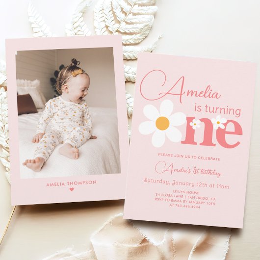 フォトピンクデイジー1歳パーティー 招待状