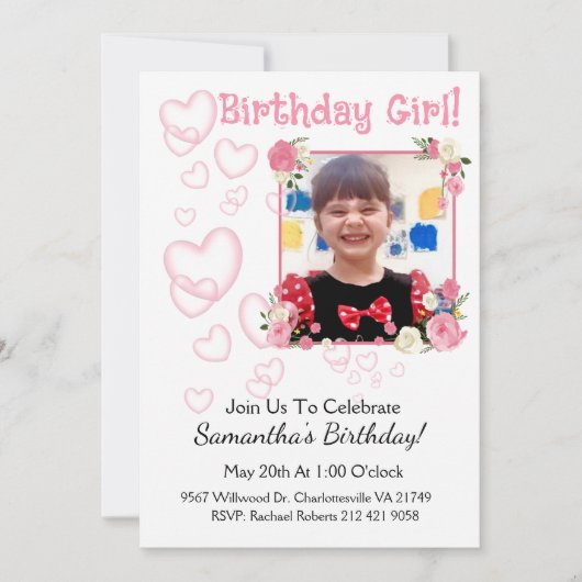 フォトピンクハートの追加ガール誕生日 招待状 (正面)
